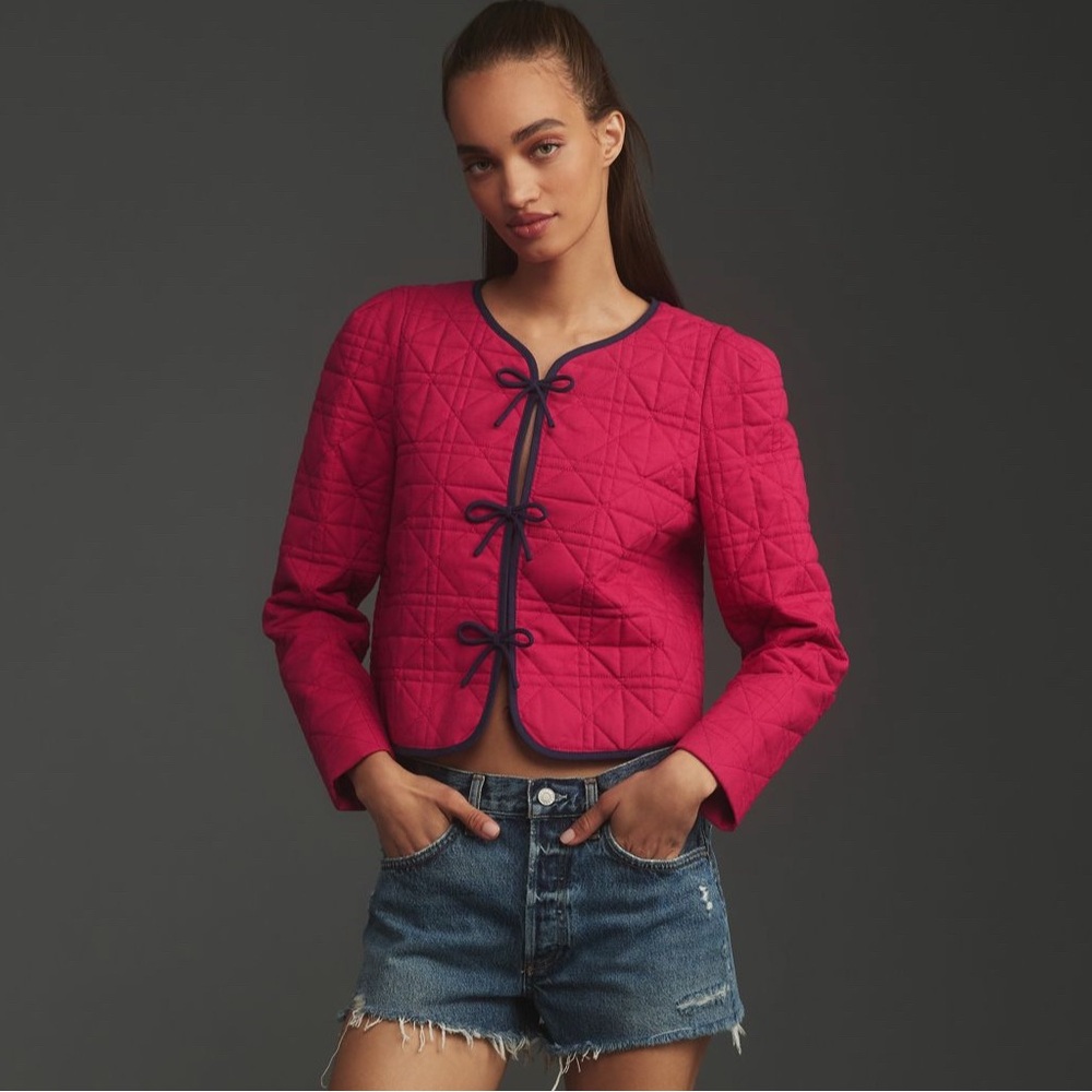 NWT DOLAN Bow-Front Linen Quilted Lady Jacket Fuschia